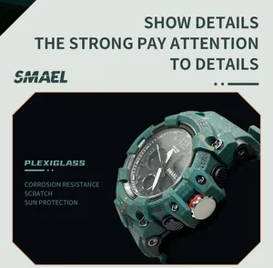 Vue détaillée de la montre tactique verte SMAEL avec plexiglas résistant aux rayures