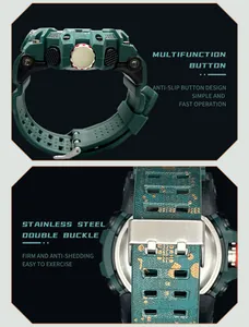 Vue détaillée des boutons multifonctions et de la boucle en acier de la montre SMAEL
