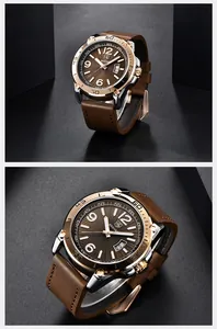 Détail de la montre à quartz Benyar pour homme avec bracelet en cuir brun et boîtier doré