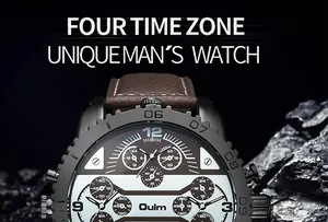 Gros plan sur la montre à quartz Oulm pour homme avec grand cadran à quatre fuseaux