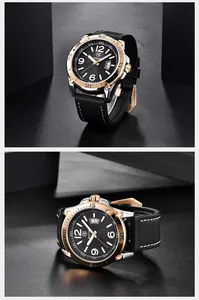 Vue détaillée de la montre de sport Benyar pour homme, bracelet cuir noir et lunette or rose
