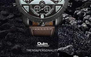 Vue macro détaillée de la montre à quartz Oulm multi-fuseaux avec bracelet cuir