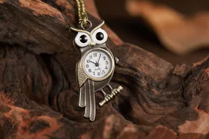Close-up of vintage owl quartz pocket watch necklace on rustic wood background
