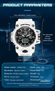 Paramètres techniques détaillés pour montre de sport SANDA 3169 avec dimensions.