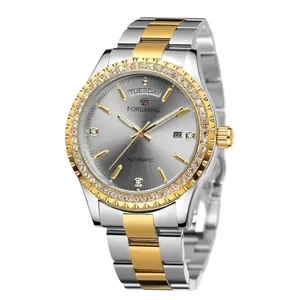 Montre automatique Forsining élégante pour hommes avec bracelet bicolore et lunette en strass