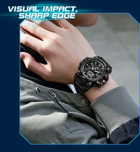 SANDA montre de sport numérique noire pour hommes avec cadran à double affichage robuste