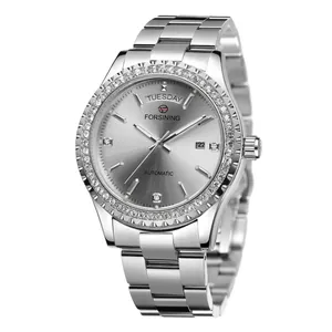 Montre automatique Forsining pour homme en argent avec lunette luxueuse ornée de strass