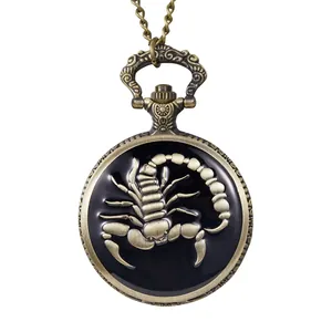 Vintage bronze quartz pocket watch featuring a 3D embossed scorpion design on black enamel