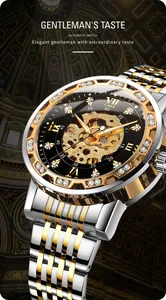 Detailed view of the skeleton mechanical watch face with rhinestones and gold-tone accents.