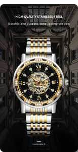 Close-up of Forsining automatic mechanical watch with skeleton dial and crystal accents.