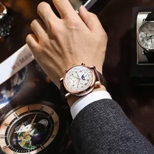 Montre homme Chenxi luxe avec phase de lune et bracelet en cuir marron