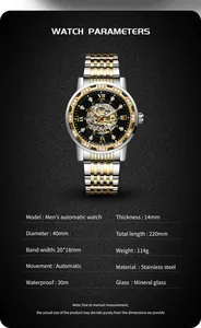 Detail view of Forsining men's skeleton automatic watch with full specifications
