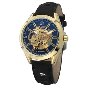 Vue détaillée de la montre mécanique automatique squelette Forsining pour homme or
