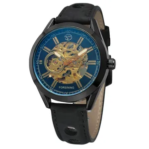 Détail montre automatique Forsining hommes, bracelet cuir noir et cadran squelette