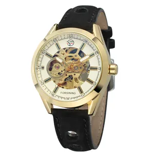 Détail de la montre mécanique automatique squelette Forsining luxe pour homme, or.