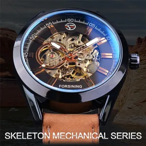 Montre automatique squelette Forsining pour homme avec boîtier noir et bracelet cuir