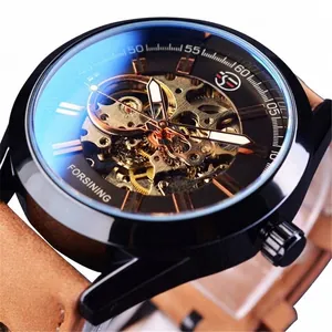 Montre squelette mécanique automatique pour hommes Forsining avec bracelet en cuir