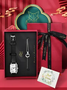 Luxe retro vierkant horloge en zilveren armband geschenkset in rode doos met kaart