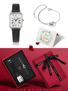 Luxe retro horloge en armband geschenkset met wenskaart in een elegante rode doos