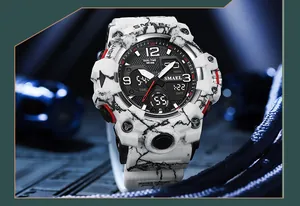 Gros plan détaillé de la montre de sport tactique SMAEL avec motif marbré et double affichage