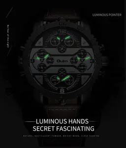 Vue détaillée de la montre Oulm à fuseaux multiples pour hommes avec aiguilles lumineuses