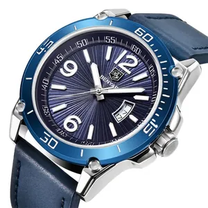 BENYAR Montre à Quartz Sportive pour Hommes Étanche Lumineuse Calendrier Bracelet en Cuir Véritable Montre-Bracelet Business 5166