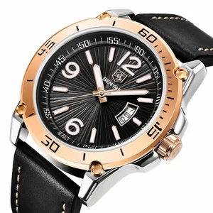Montre à quartz de luxe BENYAR pour homme avec bracelet en cuir noir et date lumineuse