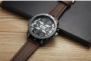 Détail de la montre homme Oulm multi-fuseaux horaires, bracelet cuir marron, cadran noir