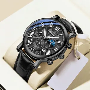 Elegante orologio da uomo business con fasi lunari, calendario e numeri romani.