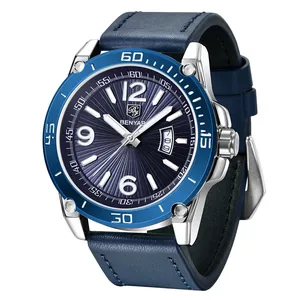 Montre à quartz Benyar pour homme avec cadran bleu et bracelet en cuir