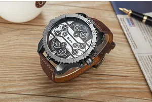 Montre Oulm pour homme avec cadran multi-fuseaux horaires et bracelet en cuir brun