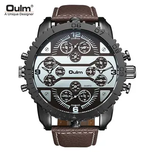 Montre à Quartz Oulm Unique Designer pour Hommes Grand Cadran Quatre Fuseaux Horaires Montre-Bracelet de Mode Décontractée avec Bracelet en Similicuir