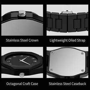 Montre de luxe pour homme avec boîtier octogonal, chiffres arabes et finition noir mat