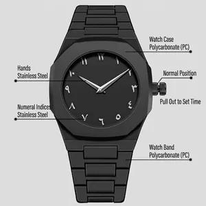 Montre octogonale noir mat pour homme avec chiffres arabo-indiens et bracelet en PC.