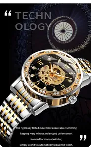FORSINING automatic mechanical skeleton watch with two-tone steel band and rhinestones