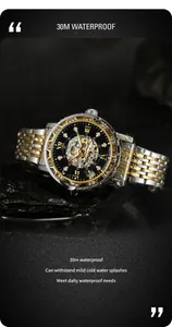 Detailed close-up of Forsining skeleton automatic watch with 30M waterproof rating