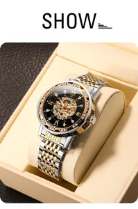 Detailed view of Forsining skeleton automatic mechanical watch in a premium gift box.