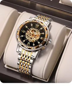 Detail shot of Forsining men's automatic mechanical watch with gold skeleton dial