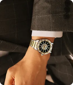 Detail view of Forsining automatic watch featuring skeleton dial and rhinestone accents