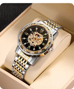 Close-up of Forsining men's skeleton automatic watch featuring rhinestone bezel and gold band