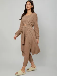 Detailed view of a brown 3-piece plush loungewear set with belted cardigan and pants