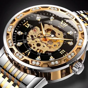 Men Automatic Mechanical Watch Skeleton Rhinestone Bezel Alloy Case Stainless Steel Butterfly Buckle Luxury Fashion Wristwatch