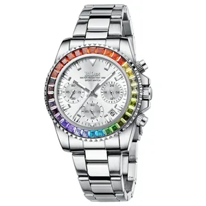 Reloj de Cuarzo de Moda para Mujer Bisel de Arco Iris Cronógrafo Multifunción Impermeable Luminoso Lujo Reloj con Diamantes