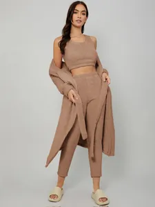 Cozy 3-piece brown fuzzy lounge set for women including long cardigan, top and pants