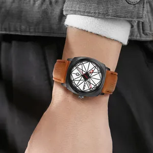 Elegante TOMI Retro-Quarzuhr quadratisch mit braunem Lederband und geometrischem Zifferblatt