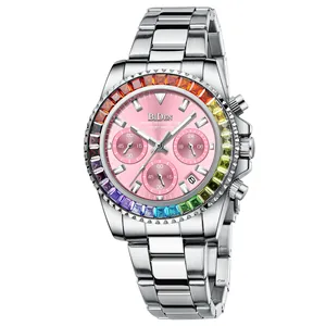 Reloj de cuarzo BIDEN elegante para mujer con bisel de cristal arcoíris y esfera rosa