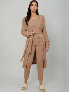 Cozy 3-piece plush loungewear set featuring a long belted cardigan and soft crop top