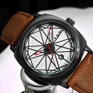 TOMI minimalistische quadratische Quarzuhr mit geometrischem Zifferblatt und Lederarmband