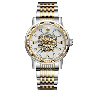 FORSINING men's automatic mechanical skeleton watch with gold rhinestones and butterfly buckle