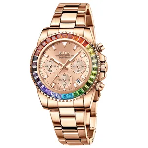 Elegante reloj de cuarzo BIDEN para mujer en oro rosa con bisel de gemas arcoíris